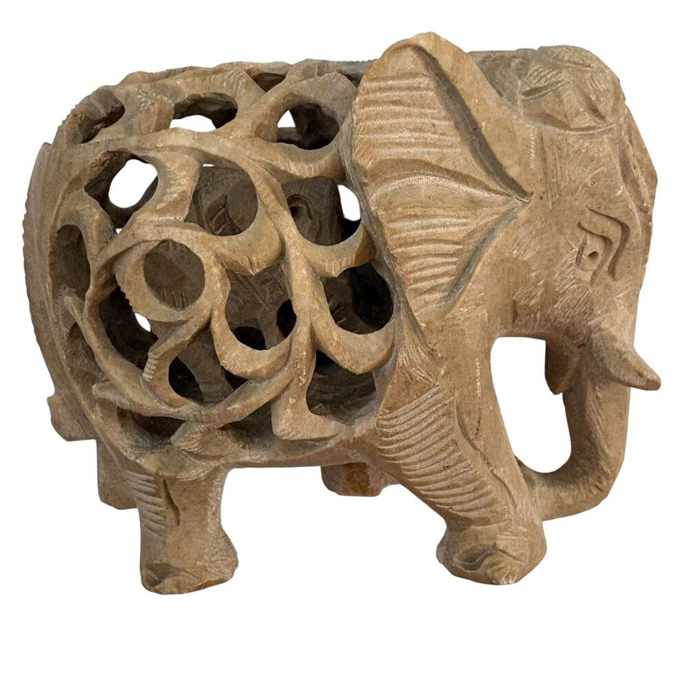 Hand Carved Elephant with Baby Inside Double Elephant Soapstone Figure 4” Long